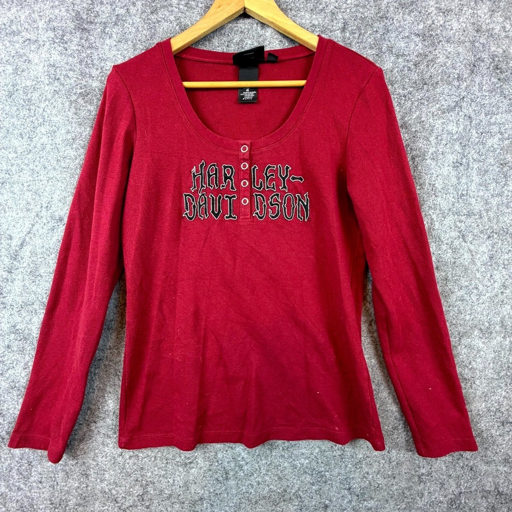 Harley-Davidson Shirt Women Large Red Cotton Waffle Knit Henley Neck Long Sleeve